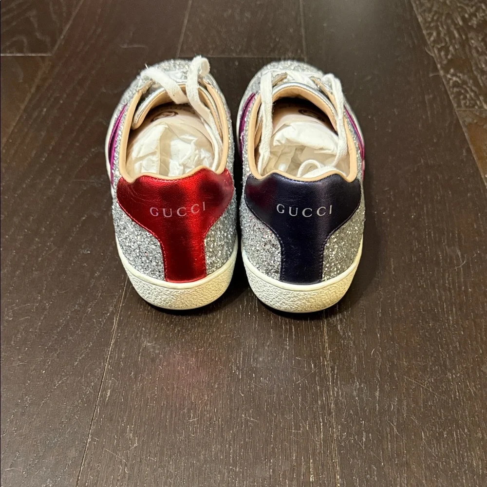 Gucci Silver Glitter Lace-Up Sneakers with Pink & Blue Stripes - Picture 3 of 8